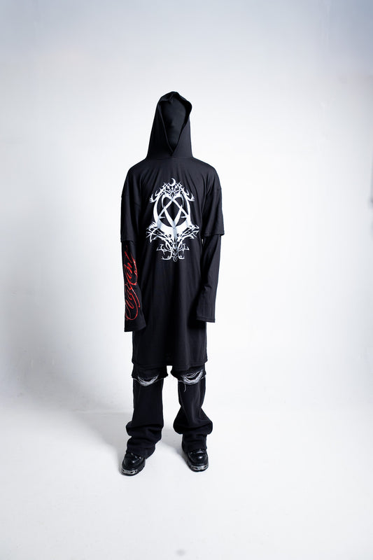 Vacant- Hearts Double Layered Hoodie ( Black ) Extra Long Version